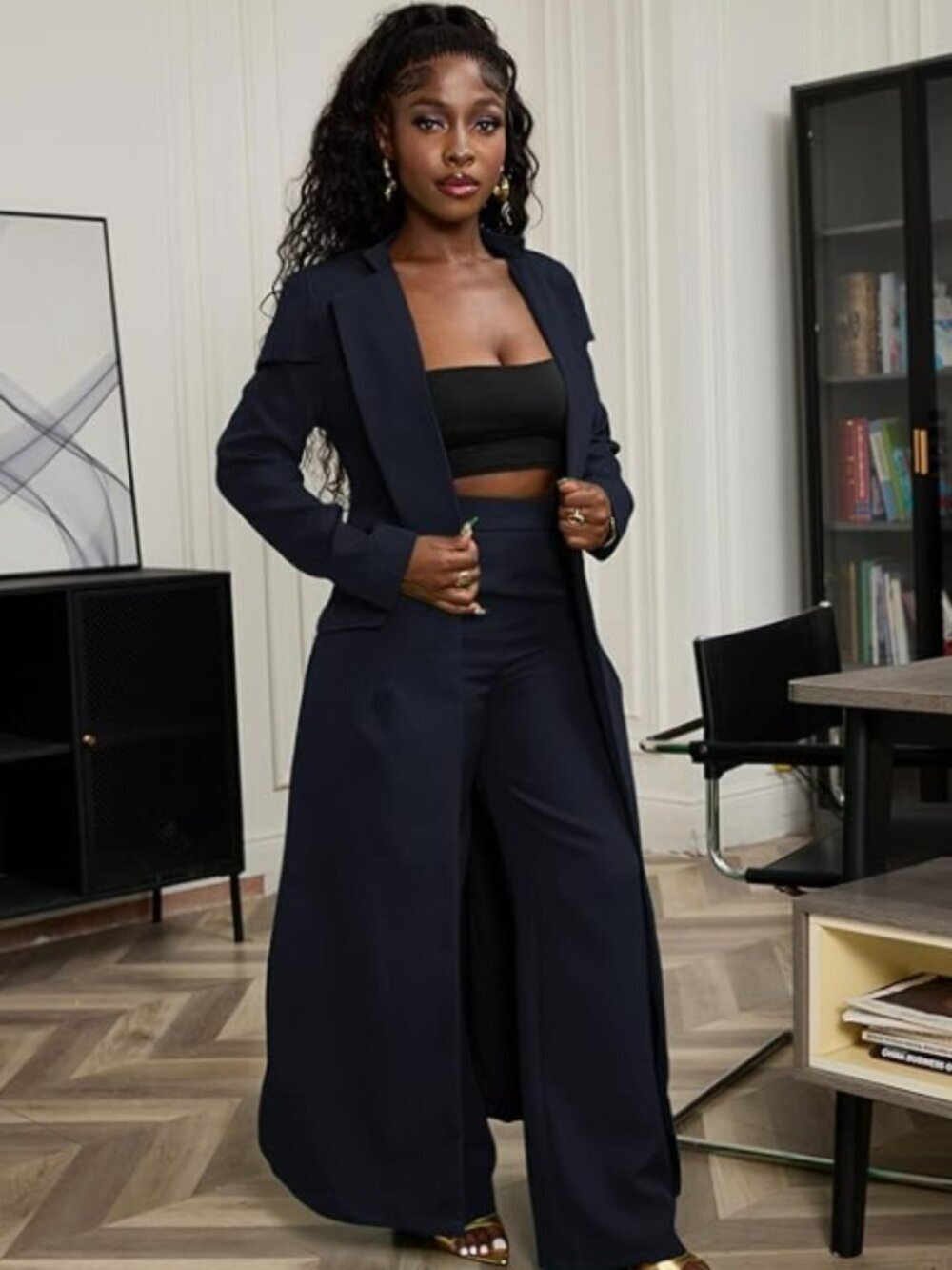 Famnbro Womens Suits 2 Piece Set Long Blazers Jacket Lapel and Straight Leg Pant